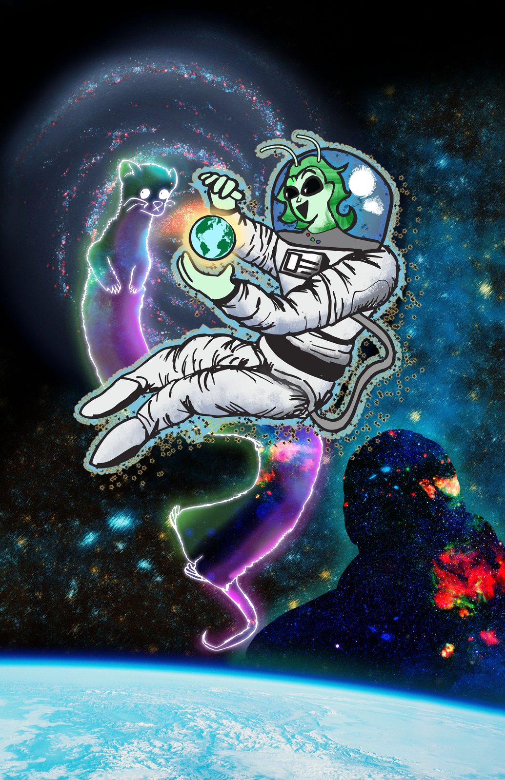 Alien astronaut floating above Earth